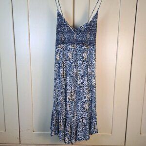 VOLCAM Blue Paisley Smocked Top Ruffle Hem Strappy Short Dress Sz Small